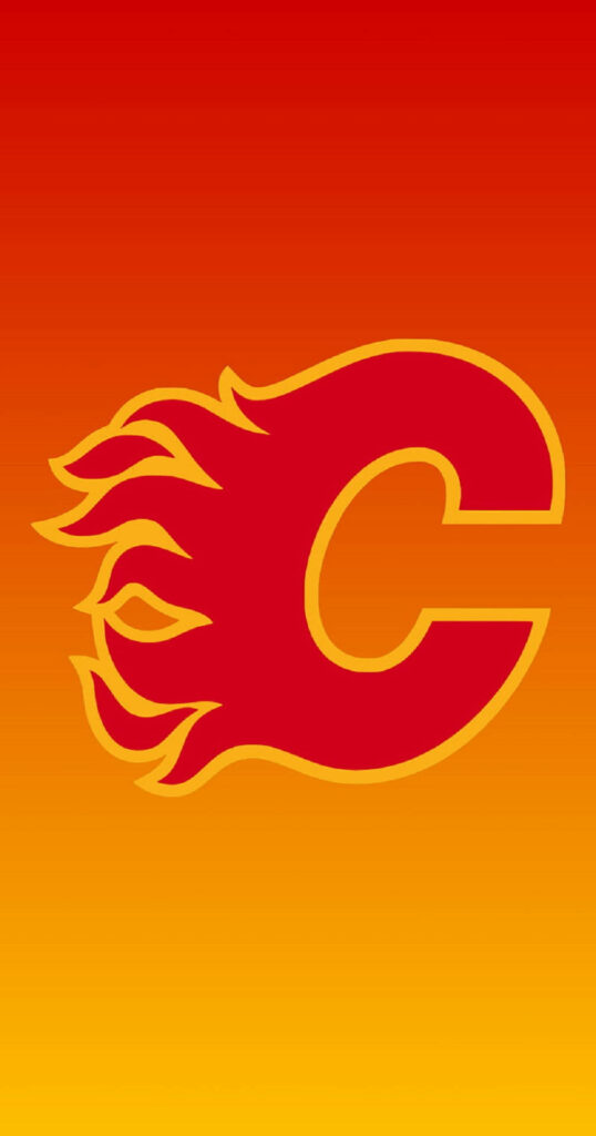 Calgary Flames logo in red with yellow outline on vibrant yellow to red gradient hockey wallpaper