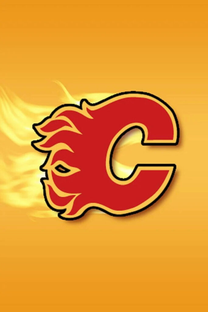 Calgary Flames logo with fiery flames on yellow background bold energetic hockey wallpaper