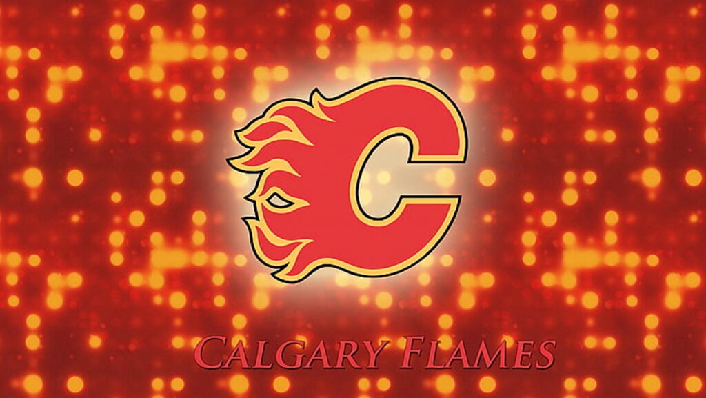 Calgary Flames logo wallpaper vibrant fiery red yellow emblem glowing orange dynamic background