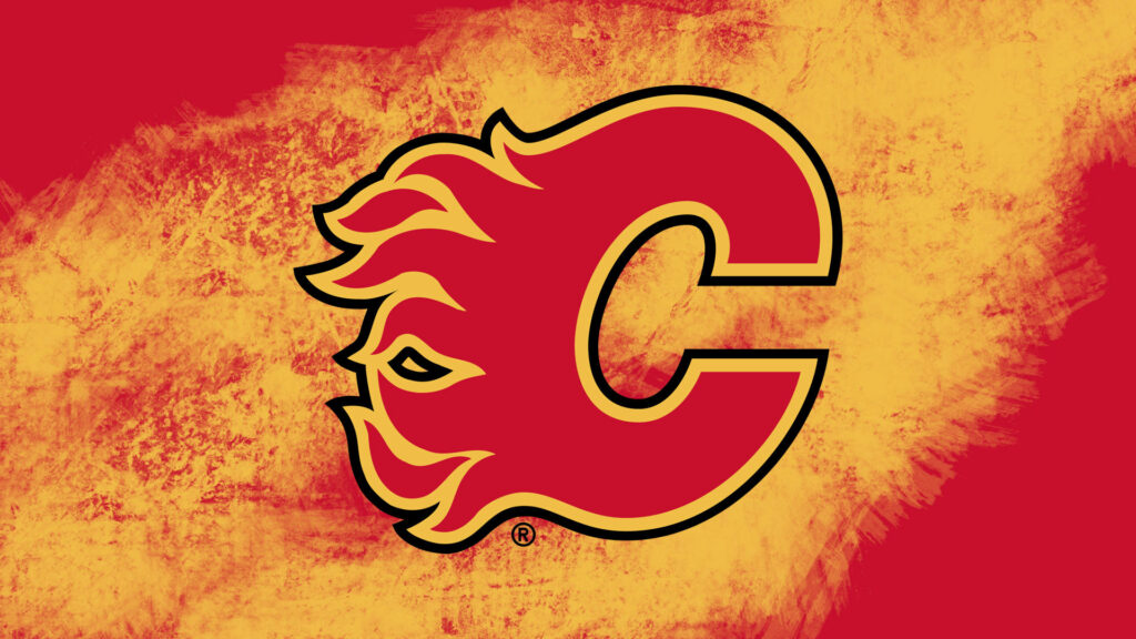 Calgary Flames logo in bold red on textured yellow brush stroke background hockey wallpaper