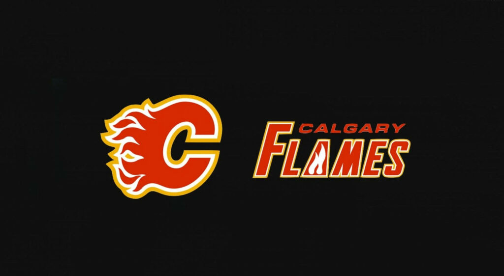 Calgary Flames logo in red and gold on black background hockey team wallpaper design