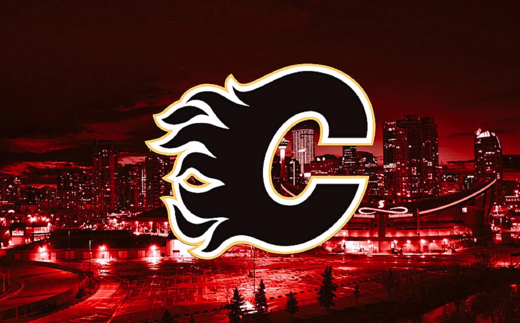 Calgary Flames logo in gold and red over vibrant red Calgary cityscape hockey wallpaper background