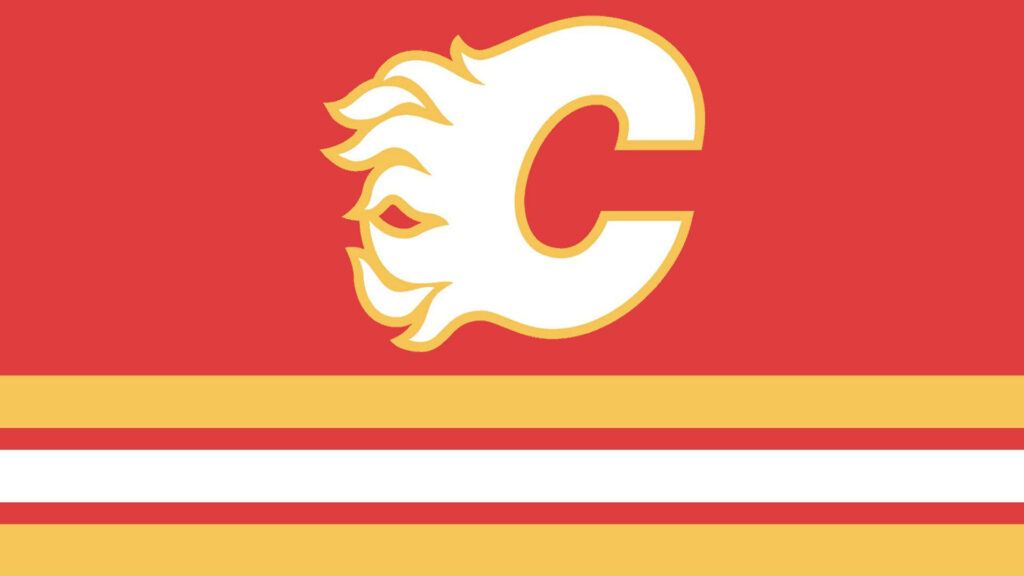 Calgary Flames white logo on red background with yellow white stripes NHL hockey wallpaper design