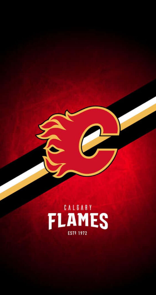 Calgary Flames NHL wallpaper with bold flaming C logo on red textured background and stripes
