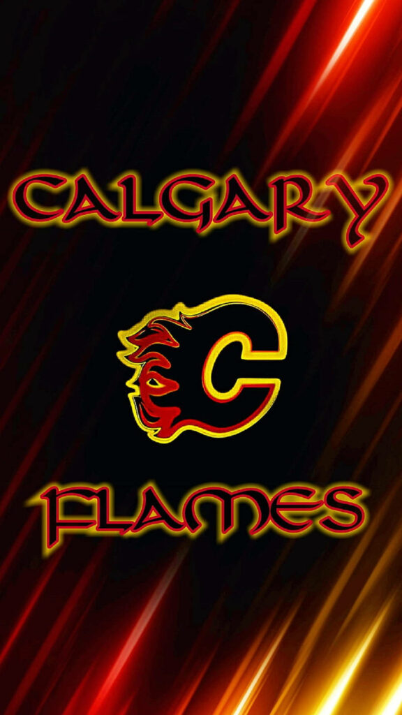 Calgary Flames logo with red and gold streaks on black background fiery dynamic wallpaper
