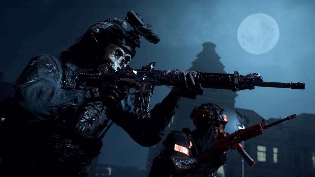 Call of Duty Ghost Riley in skull mask SAS gear patrolling under moonlight cinematic wallpaper