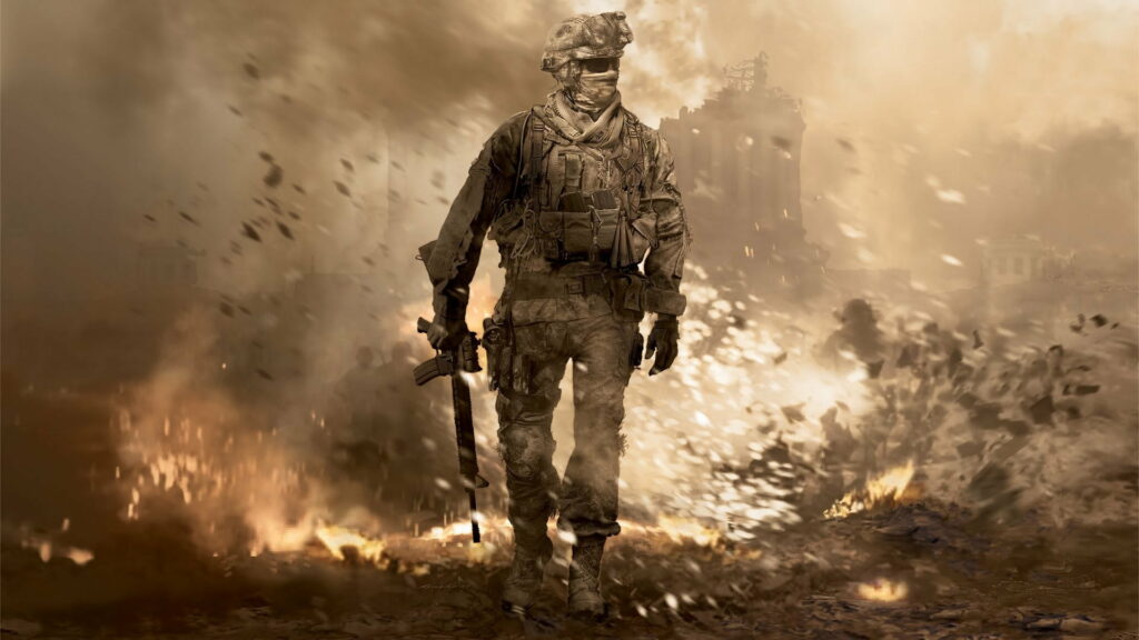 Call of Duty soldier in tactical gear on smoky burning battlefield dramatic sepia wallpaper
