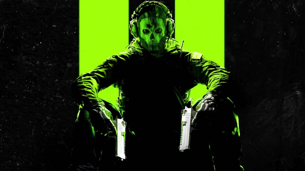 Simon Ghost Riley in skull mask with dual pistols on neon green Call of Duty Modern Warfare III wallpaper