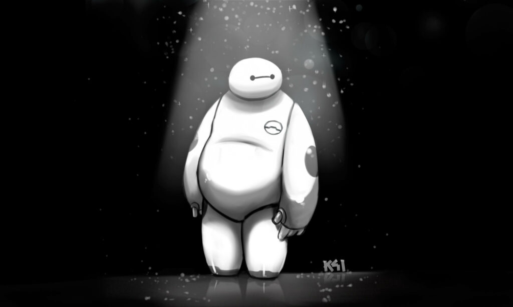 Baymax under soft spotlight with floating particles calm heartfelt wallpaper background