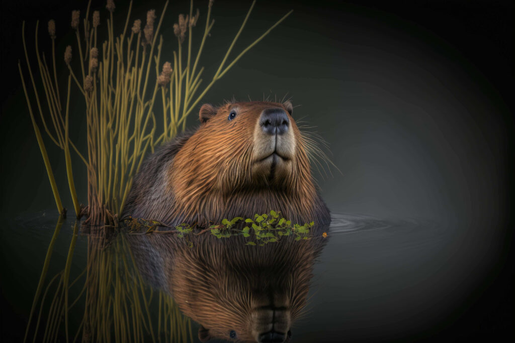 Beaver partially submerged in calm pond with tall reeds and clear reflection in still water wallpaper