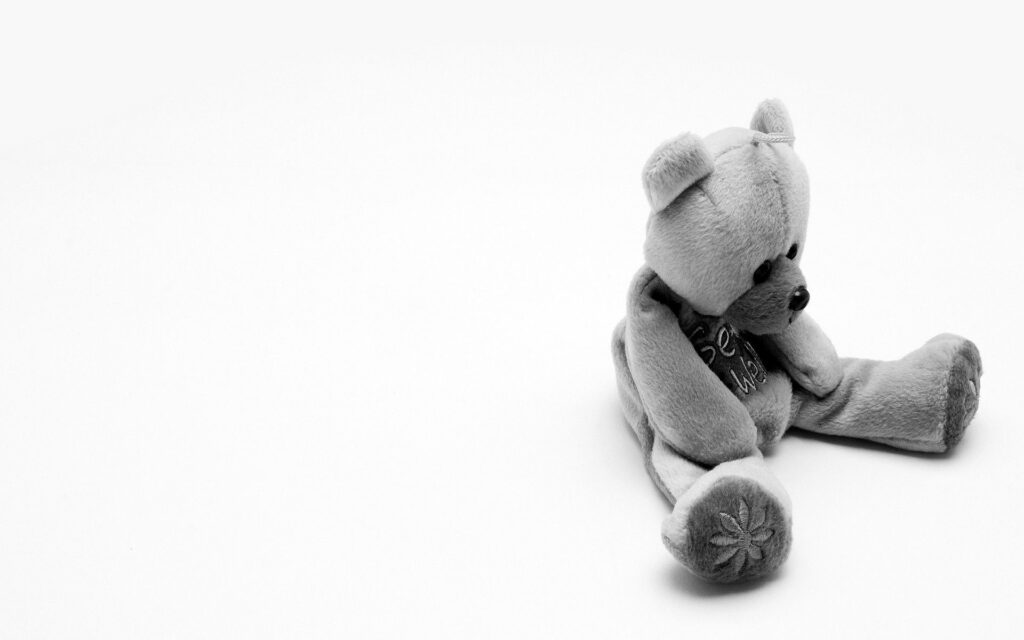 Calm Black and White Wallpaper with Plush Toy Bear Design