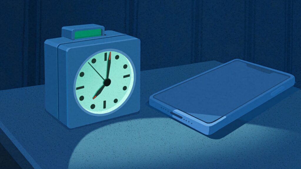 Glowing alarm clock and tablet on bedside table in cool blue tones minimalist night wallpaper