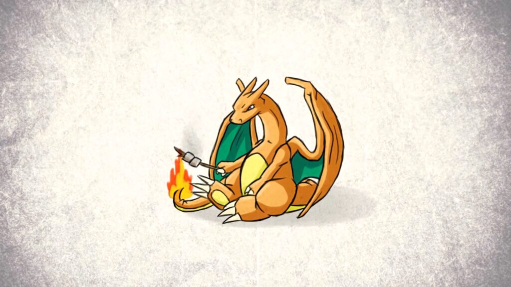 Charizard toasting marshmallows with fiery tail in warm sketch art style wallpaper background
