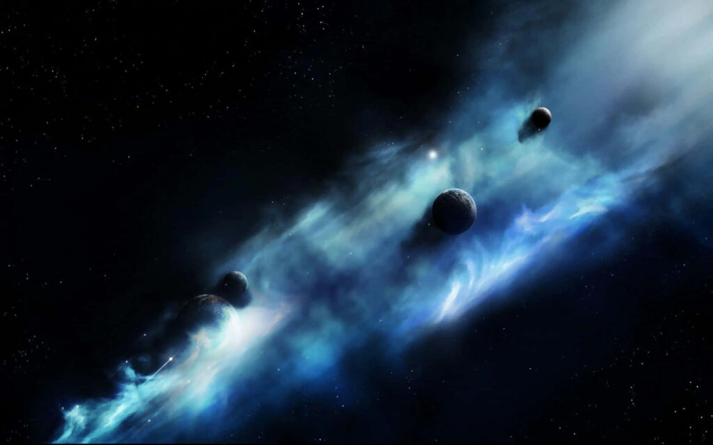 Cosmic wallpaper with glowing blue nebulae, distant stars, and planets in a serene black space.