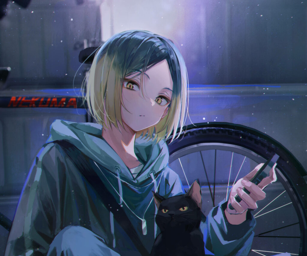 Kenma, King of Nekoma: Serenity with His Bicycle and Feline Companion Wallpaper