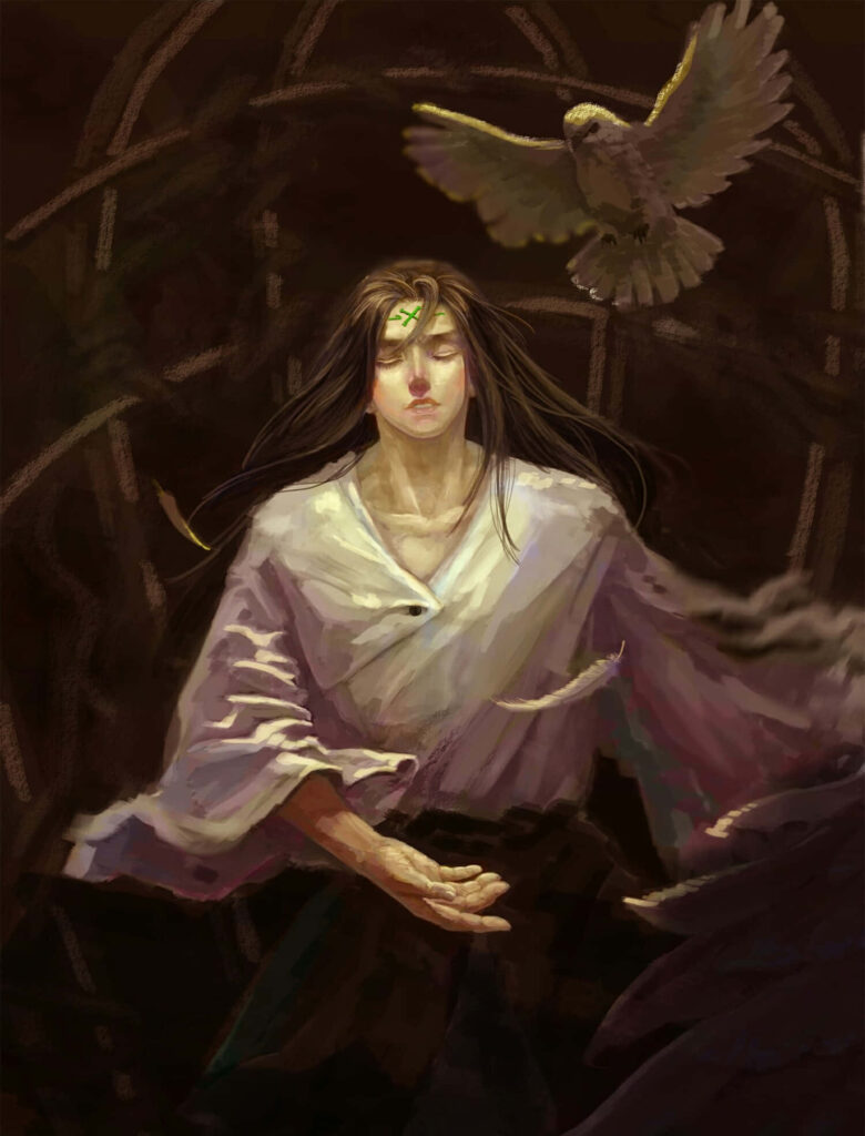 Serenity Embodied: Neji Hyuga Posing with Closed Eyes, Accompanied by a Majestic White Owl Wallpaper