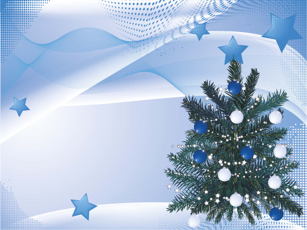 Calming Blue Christmas Background with Decorated Tree & Stars Wallpaper