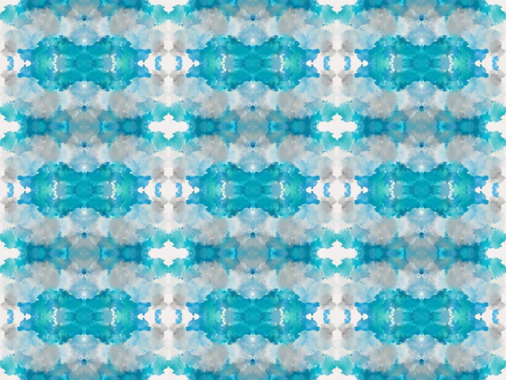 Seamless blue turquoise gray watercolor dye wallpaper with symmetrical modern calming texture background