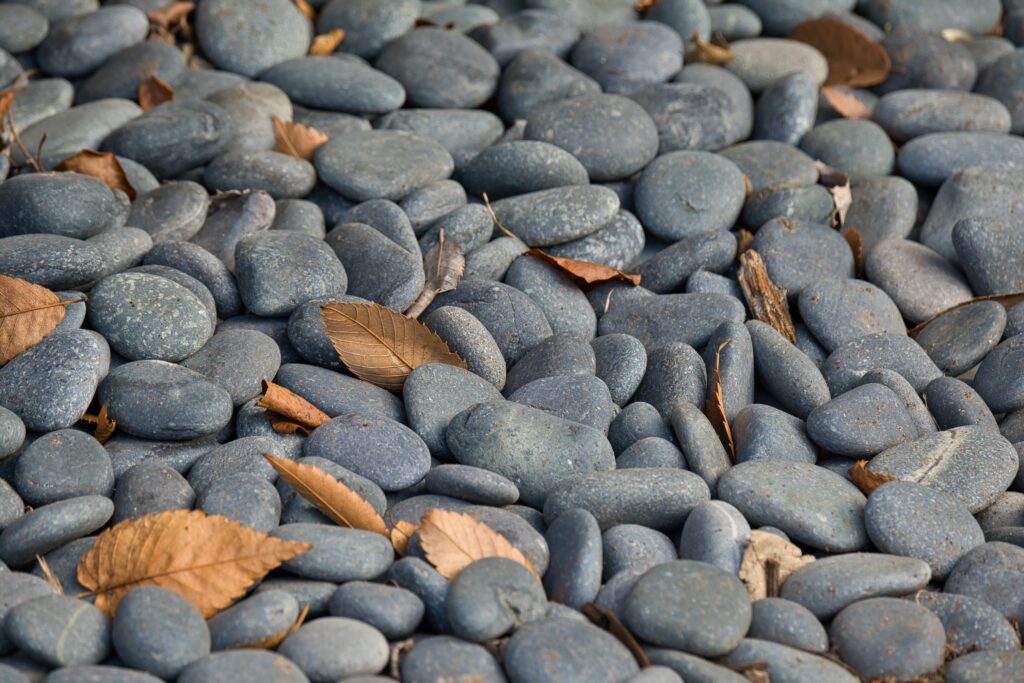 Smooth grey stones and dry brown leaves create a calming natural textured wallpaper background