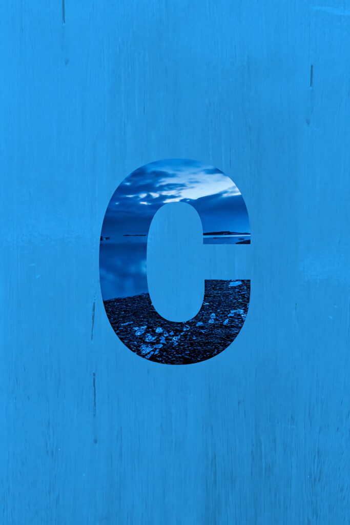 Bold letter C with ocean view on textured blue minimalistic coastal wallpaper background