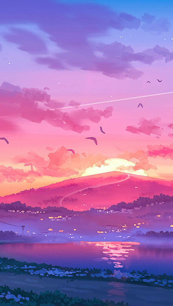 Pink and Purple Serenity: Captivating Sunset Horizon – iPhone Wallpaper
