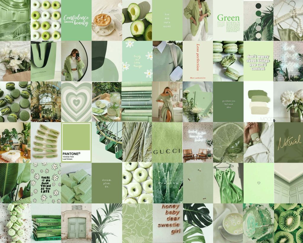 Sage green collage wallpaper with donuts macarons coffee ferns and Gucci branding minimalist design