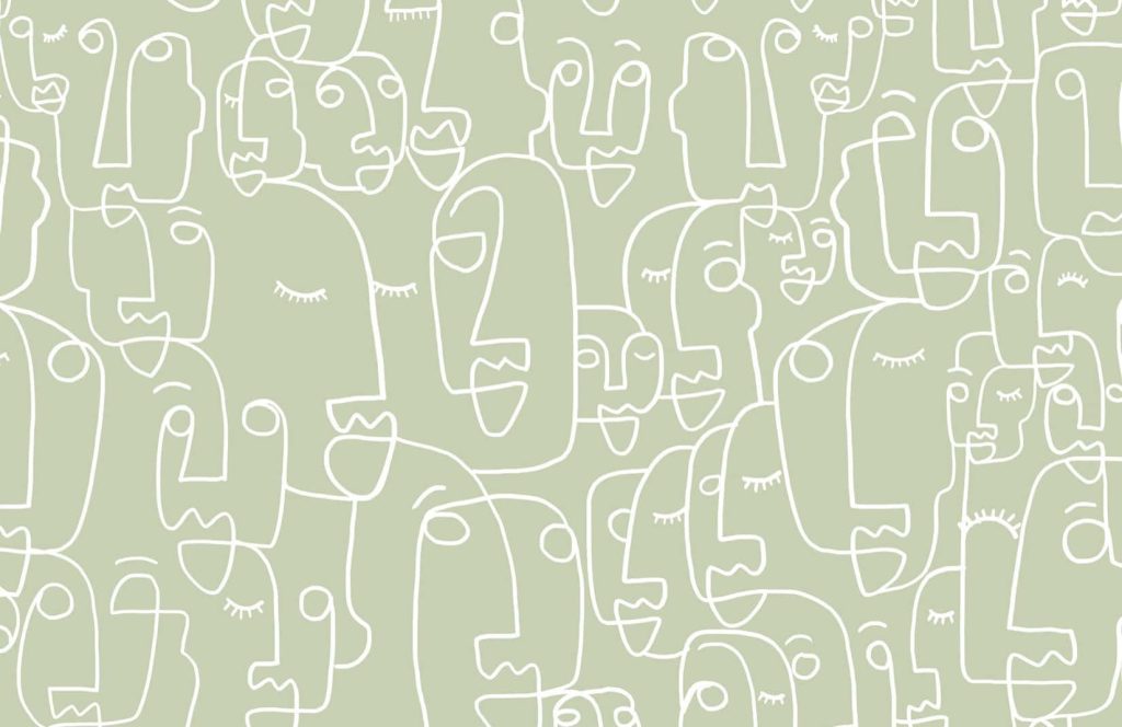 Calming sage green wallpaper with minimalist white continuous-line abstract human faces pattern