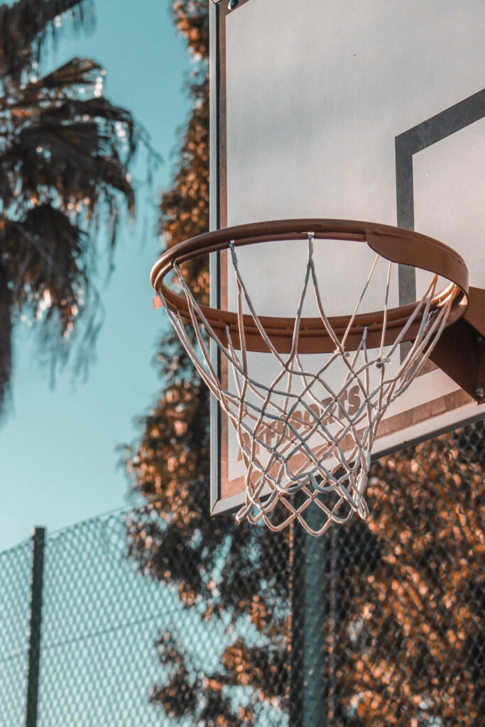 Outdoor Basketball Hoop Wallpaper: Serene Sunset & Palm Trees Background