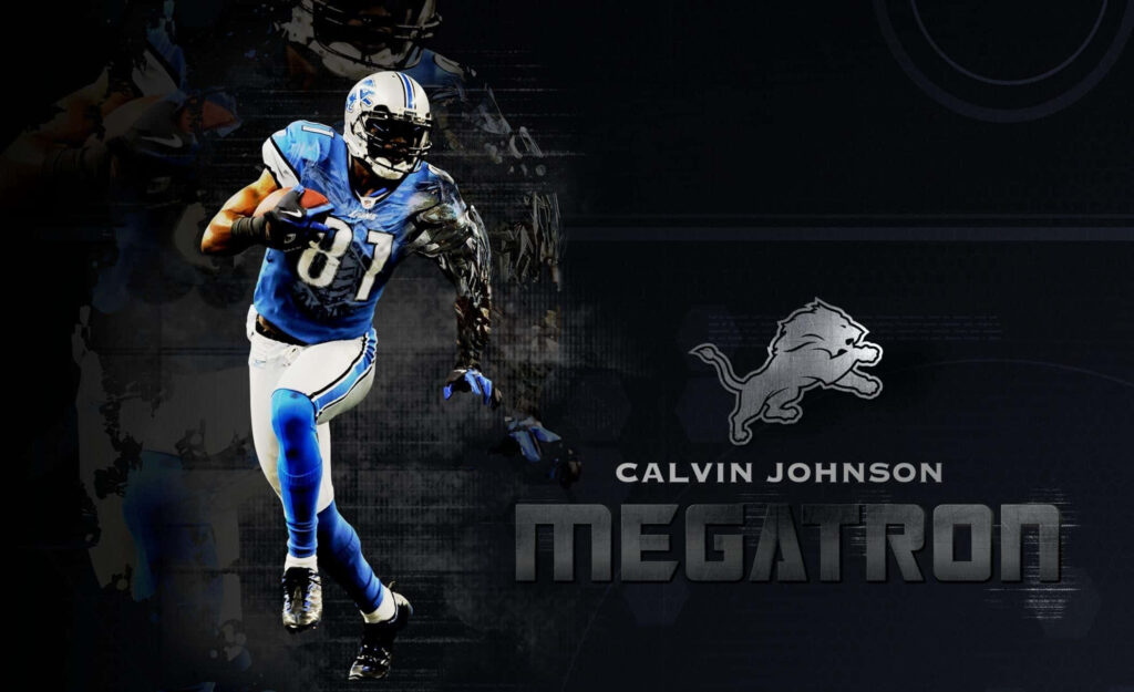 Calvin Johnson in Detroit Lions uniform mid-action with Megatron logo on dark textured background Wallpaper