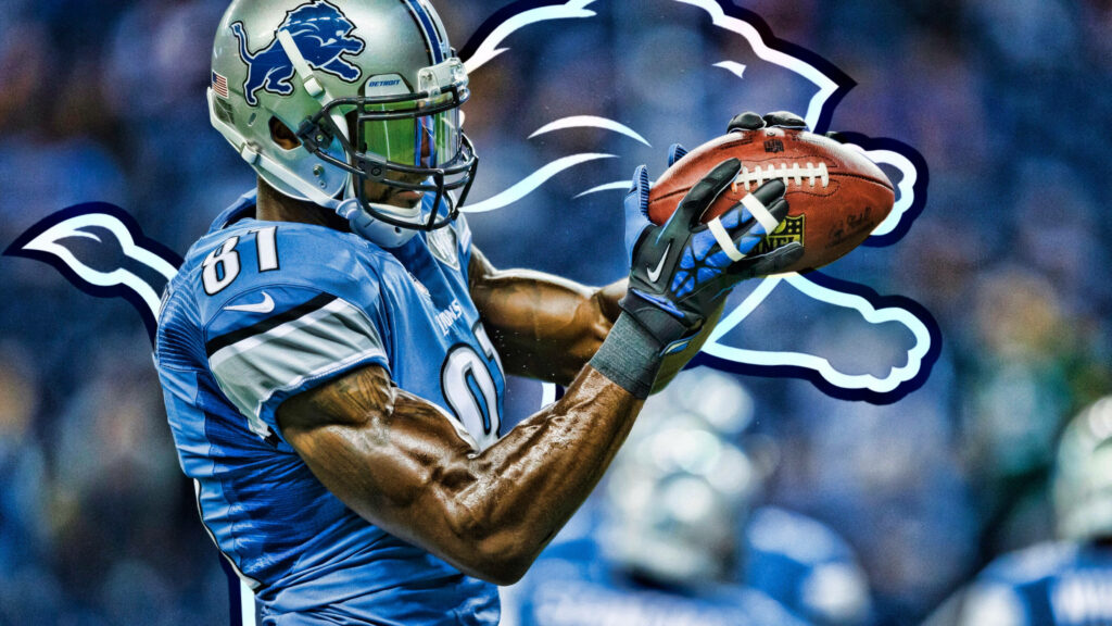 Calvin Johnson in Detroit Lions jersey reaching for football with vibrant blue lion logo background Wallpaper