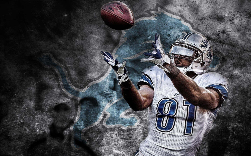 Calvin Johnson Detroit Lions wallpaper reaching for football gritty textured background dynamic sports