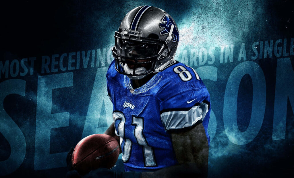 Calvin Johnson Detroit Lions wallpaper powerful wide receiver intense NFL action blue background