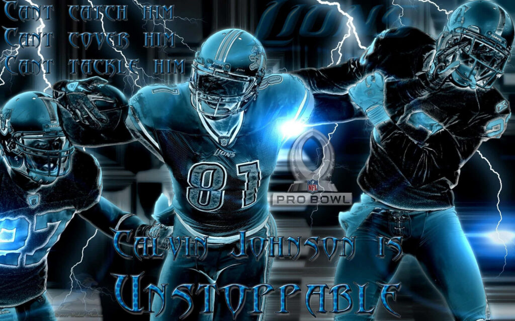 Calvin Johnson Detroit Lions wide receiver action wallpaper with blue lightning effects and dynamic lighting
