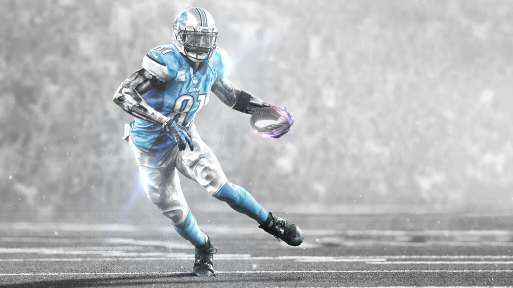 Calvin Johnson Detroit Lions in motion blue jersey dynamic NFL wide receiver grayscale stadium wallpaper