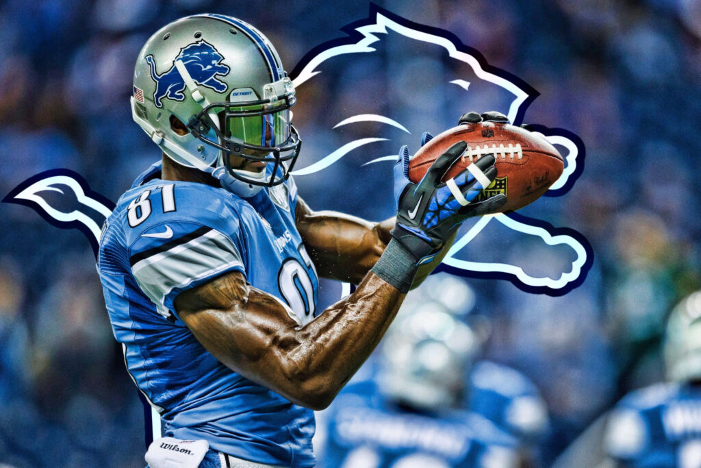 Calvin Johnson Detroit Lions wide receiver catching football in blue silver uniform NFL action wallpaper