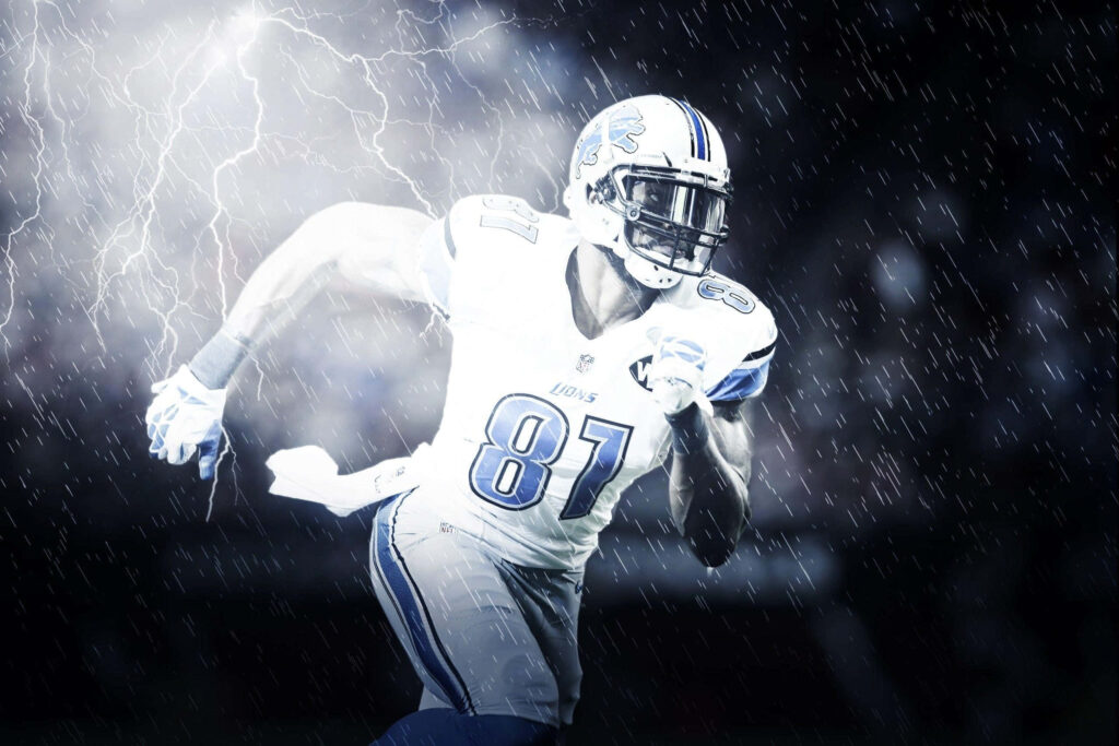 Calvin Johnson Detroit Lions dynamic action with lightning rain intense blue white wallpaper