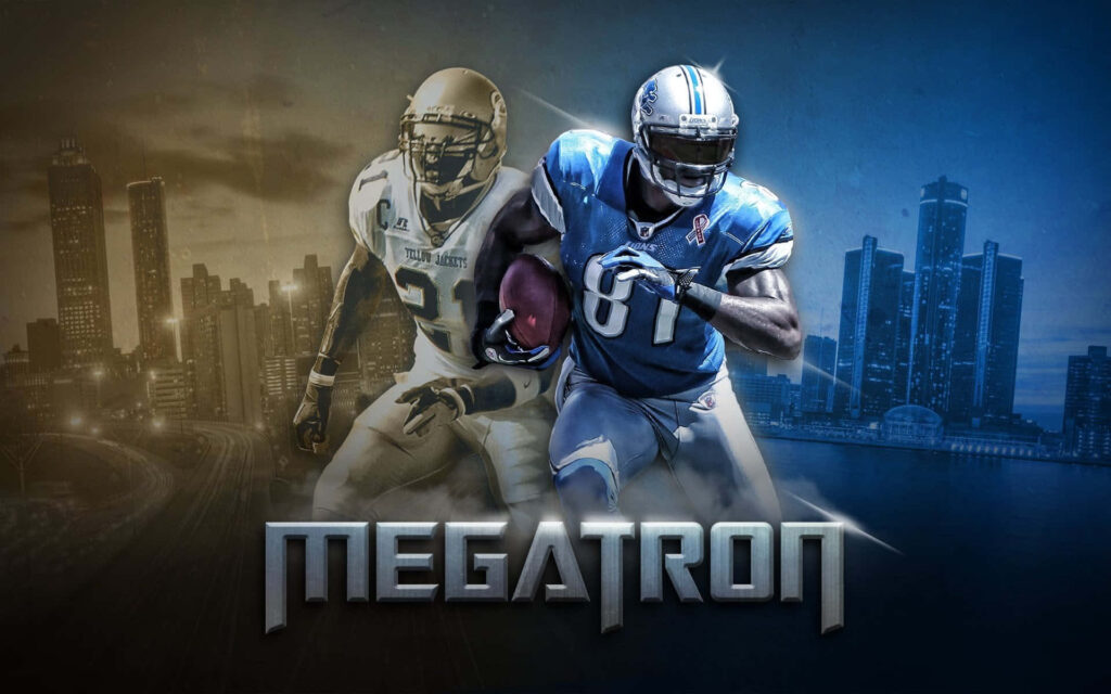 Calvin Johnson Megatron in Detroit Lions uniform action split-city background wallpaper