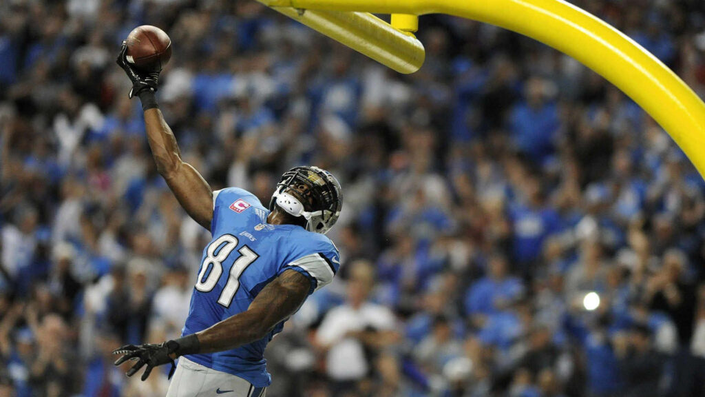 Calvin Johnson making a one-handed catch in Detroit Lions blue and silver uniform stadium background Wallpaper