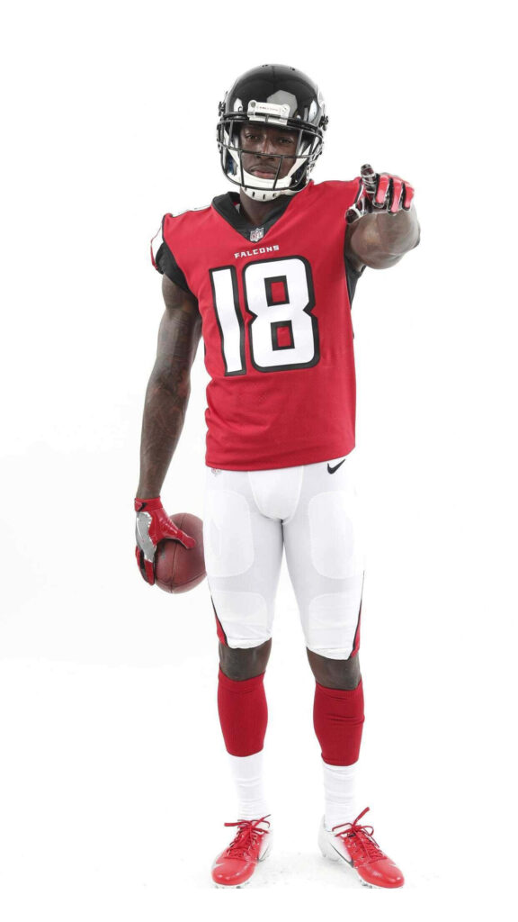 Calvin Ridley Atlanta Falcons red jersey NFL player athletic stance white background wallpaper