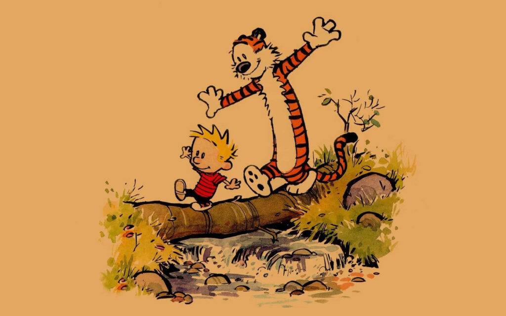 Calvin and Hobbes wallpaper hand-drawn style adventurous duo by stream soft tan background