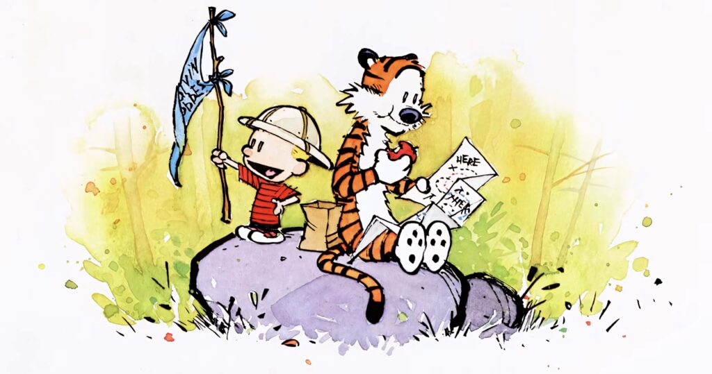 Calvin and Hobbes on gray rock with blue flag apple map playful watercolor comic wallpaper background