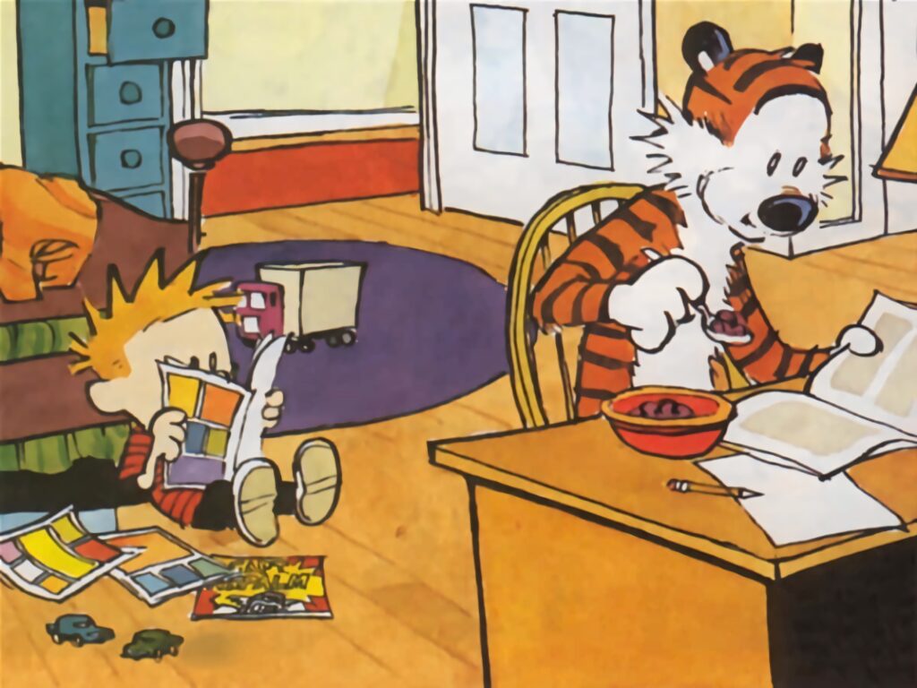 Calvin reading comics on floor while Hobbes enjoys cereal in cozy classic Calvin and Hobbes wallpaper