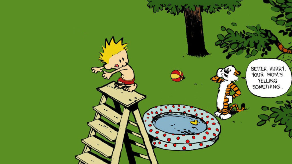 Calvin and Hobbes diving lesson on wooden platform above inflatable pool vibrant comic wallpaper