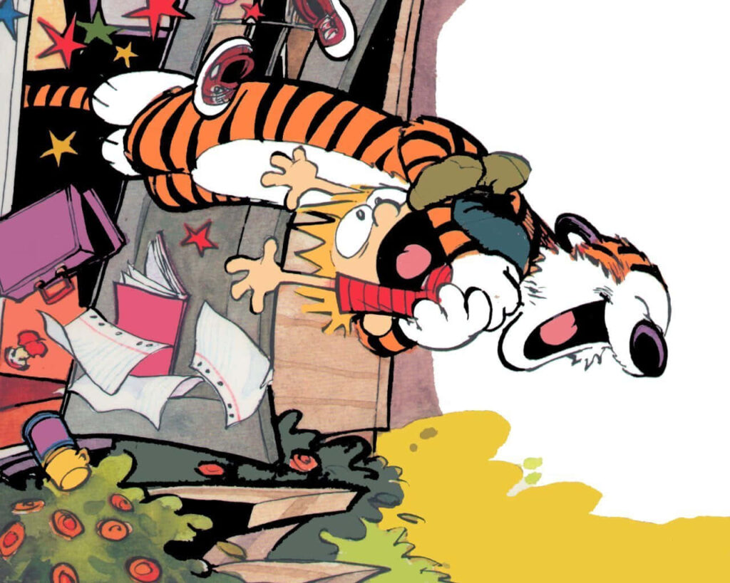 Calvin and Hobbes leap joyfully from window vibrant comic style wallpaper colorful playful adventure