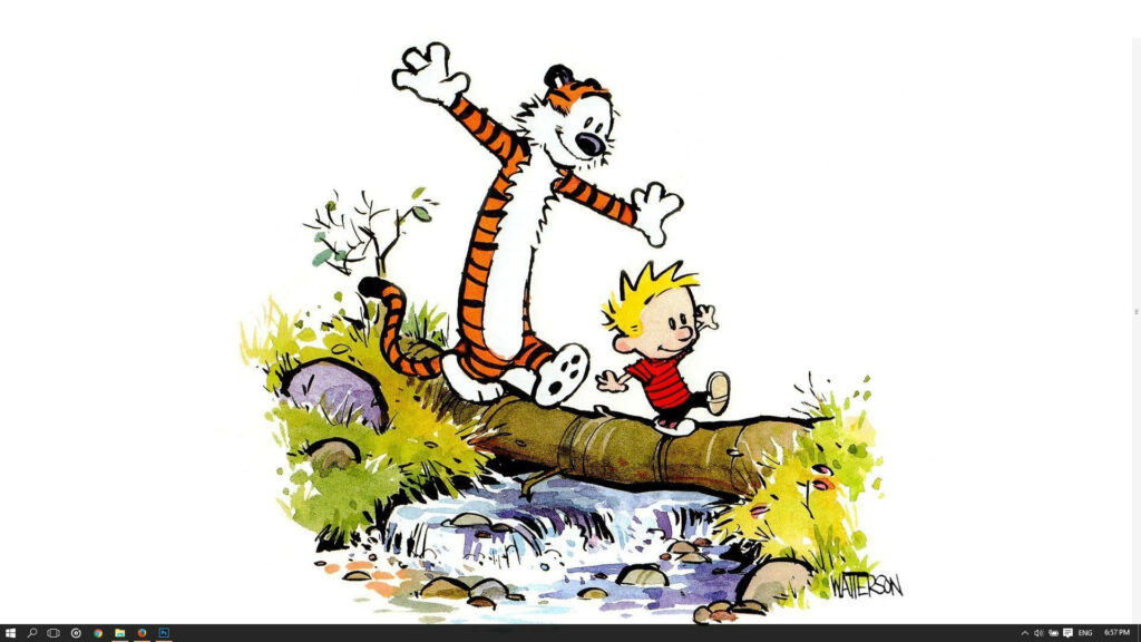 Calvin and Hobbes balancing on a log over a stream in a vibrant outdoor adventure wallpaper