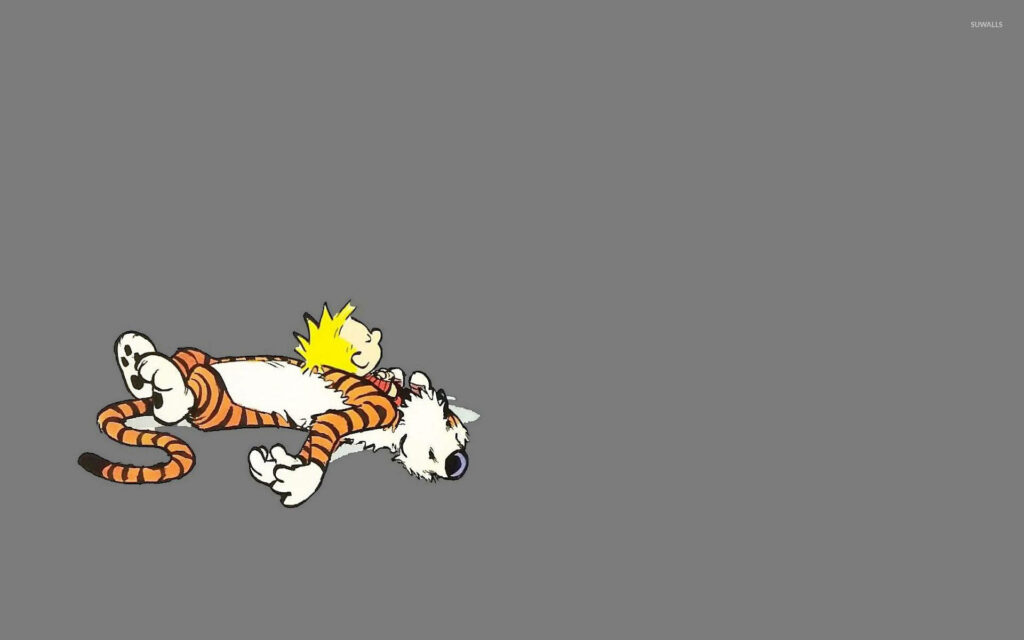 Calvin and Hobbes relaxing together hand-drawn classic comic wallpaper with gray background