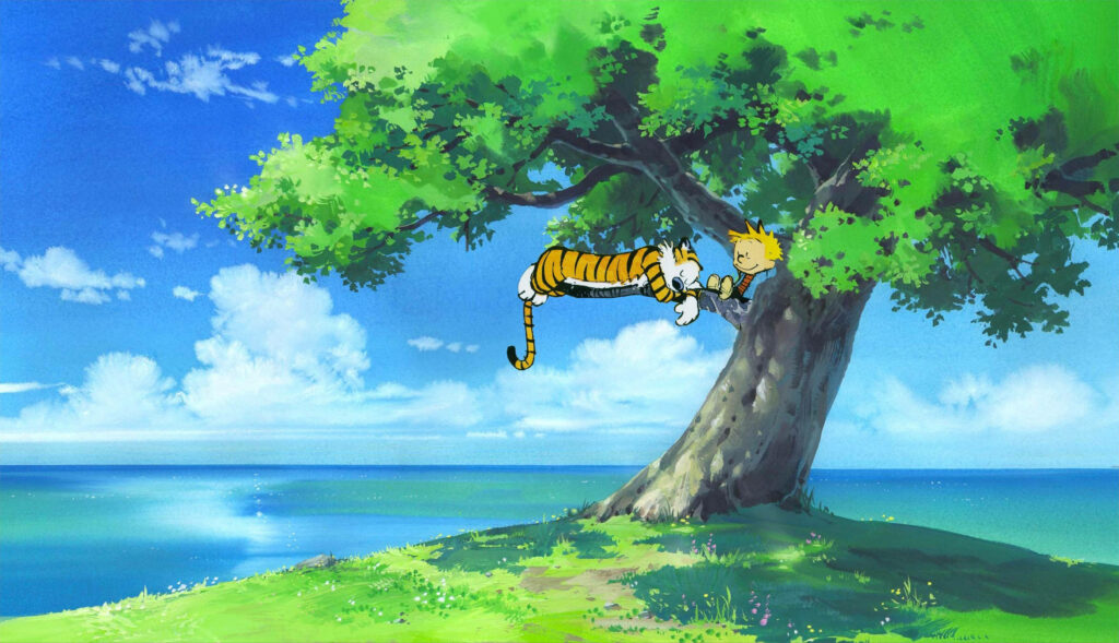 Calvin and Hobbes relaxing on tree branch by calm sea under blue sky watercolor wallpaper background