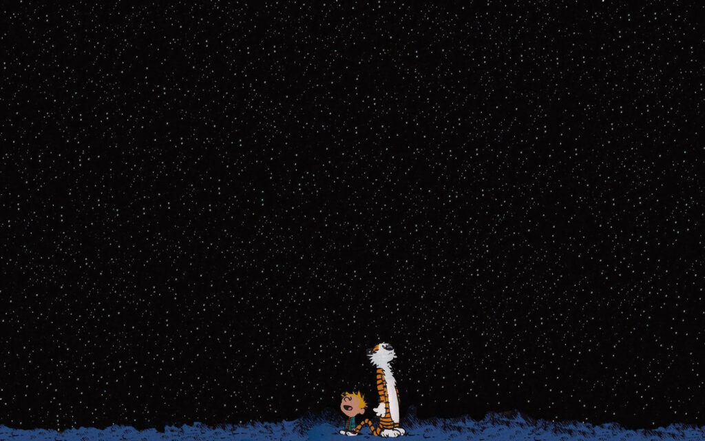 Calvin and Hobbes sitting under starry night sky whimsical nostalgic minimalist hand-drawn wallpaper