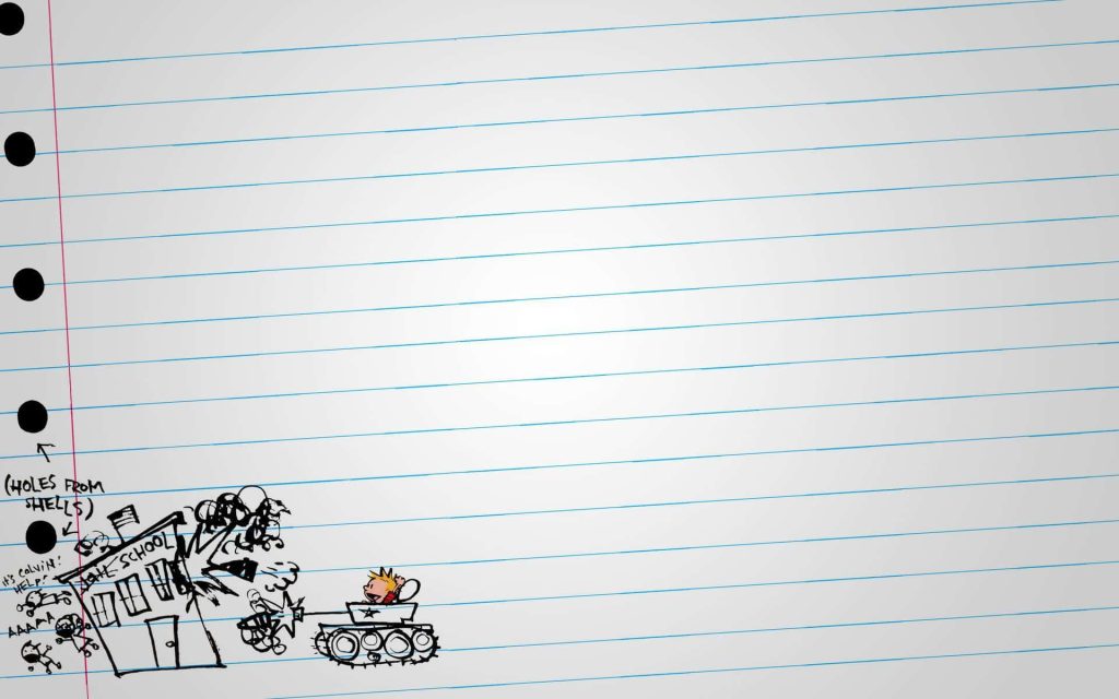 Calvin from Calvin and Hobbes doodle driving a tank attacking school on lined notebook paper background Wallpaper