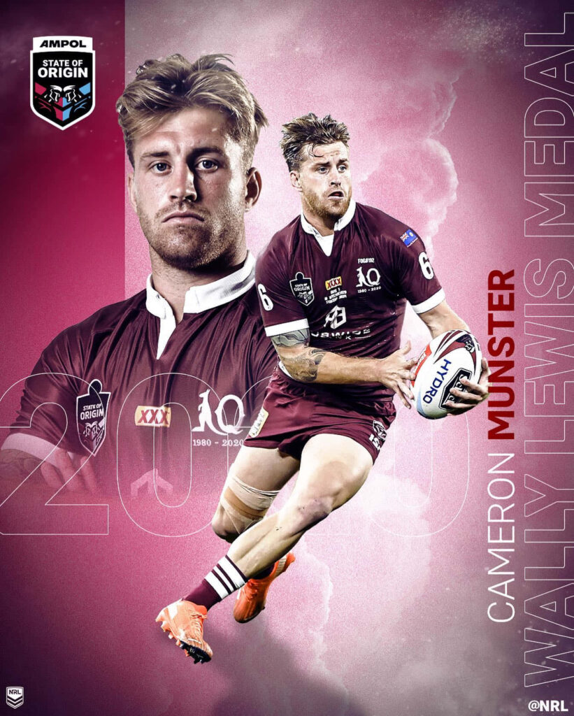 Cameron Munster Queensland Maroons action wallpaper bold maroon tones dramatic sports design